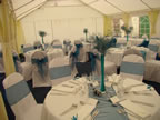 White Chair Covers and Teal Sashes